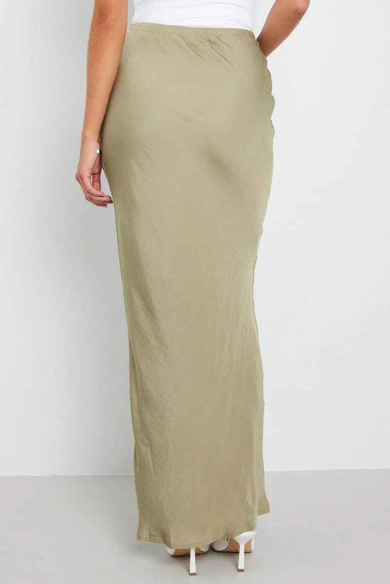 Monochrome Outfit light feel Green Drawstring Satin Maxi Skirt