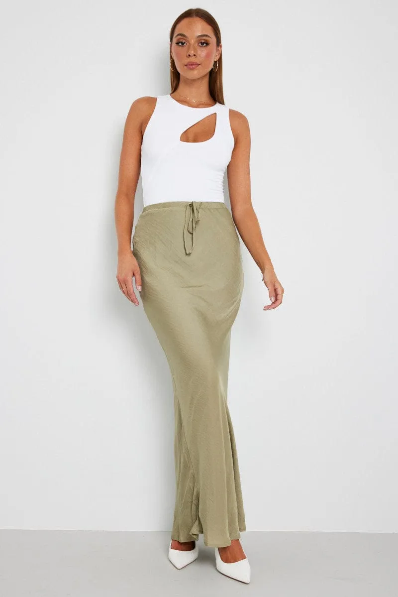 Green Drawstring Satin Maxi Skirt Daily Mood