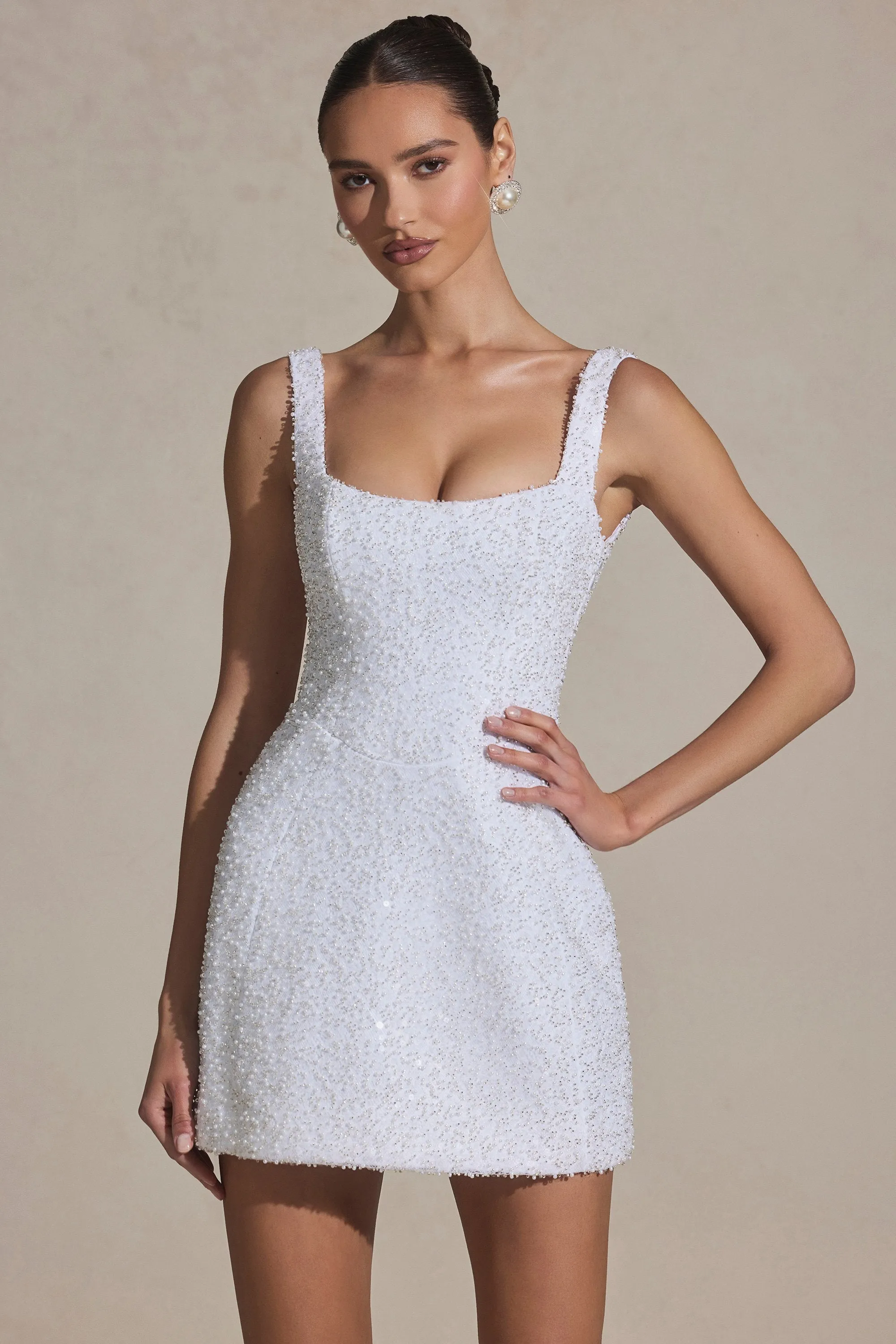 Trendy weekend dress Flair Mode Embellished Structured A-Line Mini Dress in White