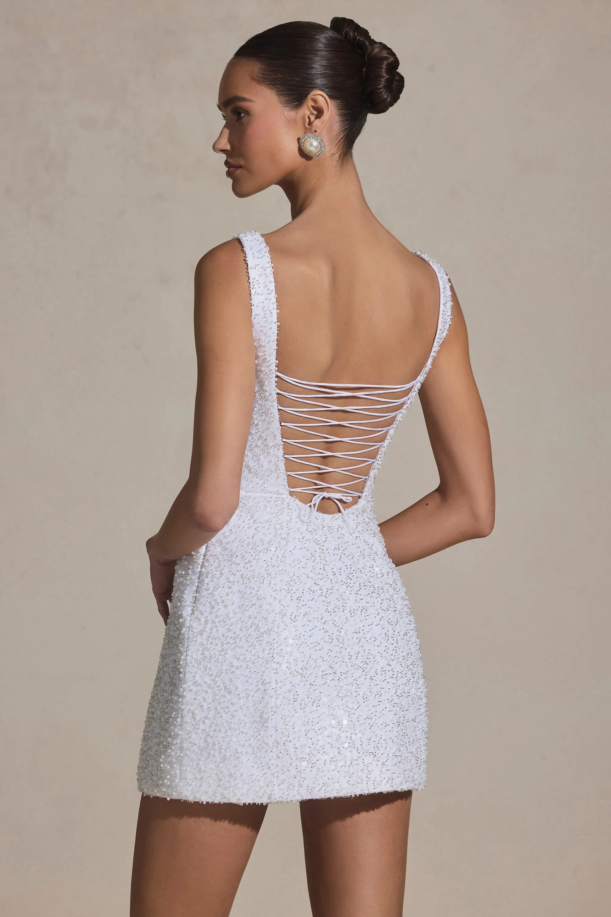 Glow Heat Embellished Structured A-Line Mini Dress in White