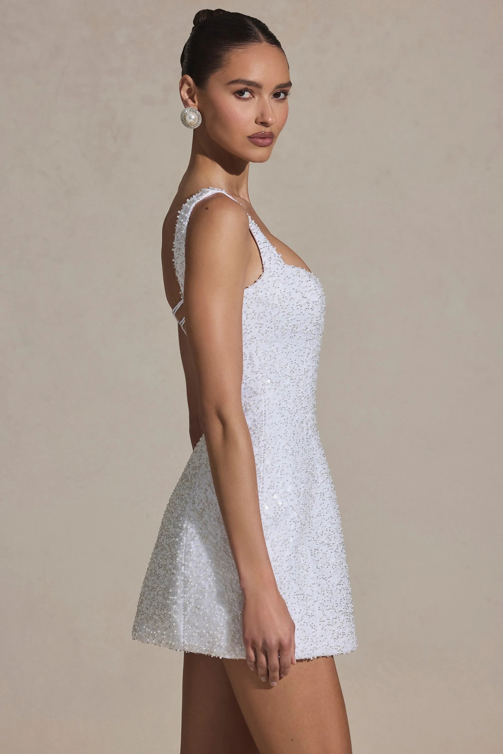 Embellished Structured A-Line Mini Dress in White Urban Beat Trend Glow