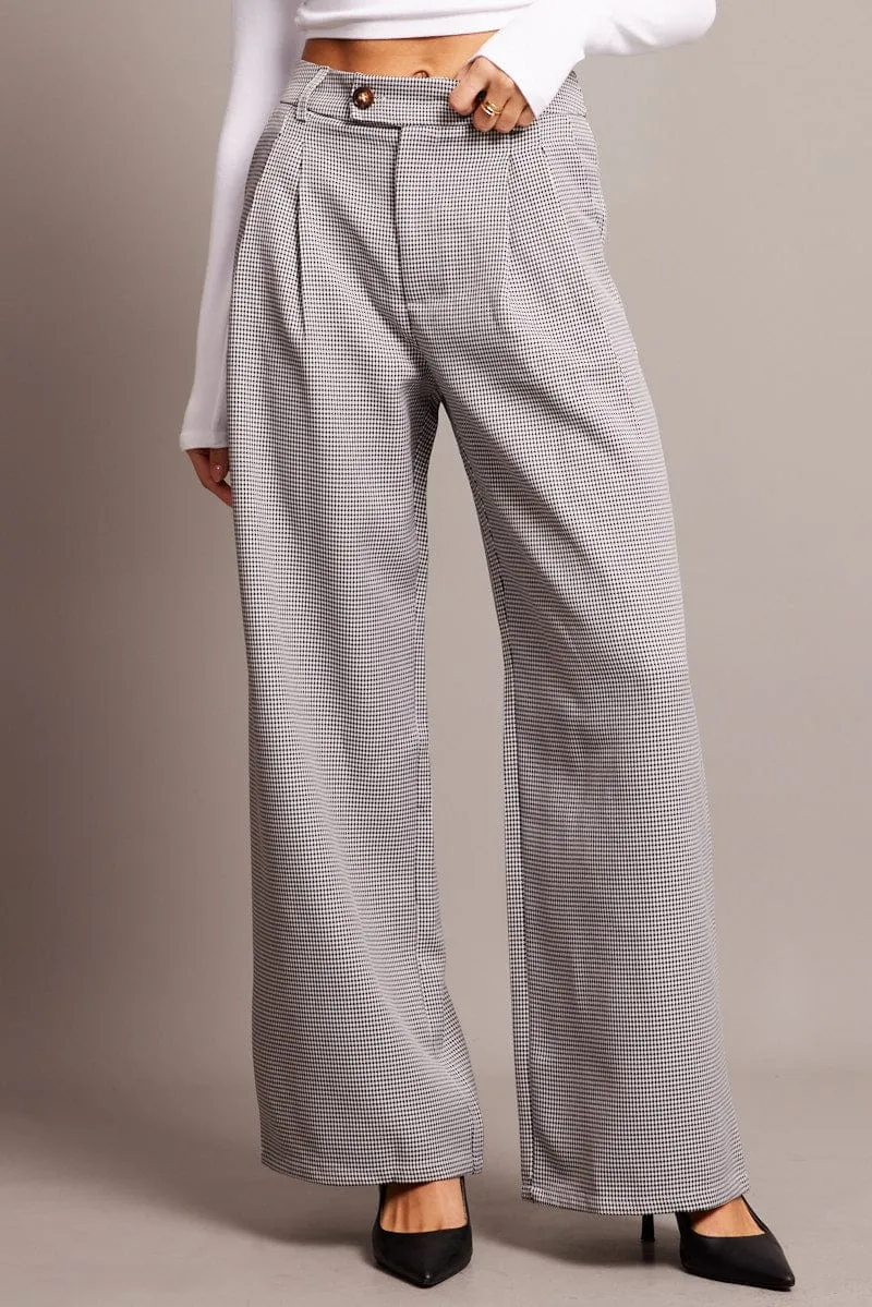 MultiPocketDesign Black Check Wide Leg Pants High Rise