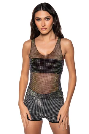 ANGEL SLEEVELESS RHINESTONE MESH TOP IN BLACK Sun Protection Multi Panel Design