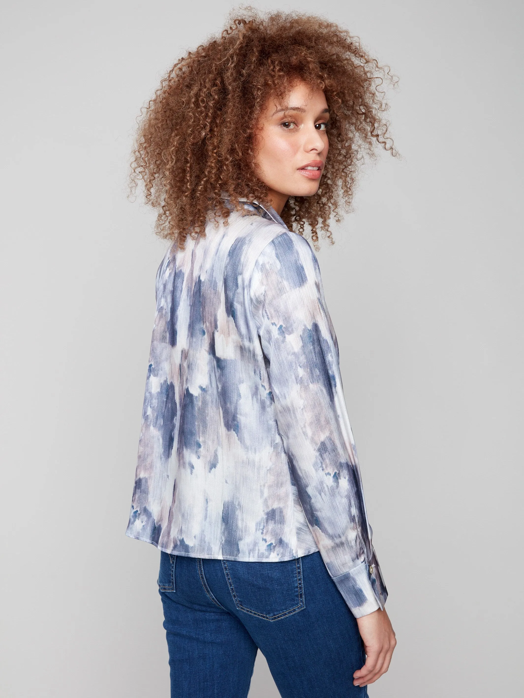 ElasticFree Cuffs Comfortable clothing Printed Button-Down Shirt With Twisted Front - Pearly
