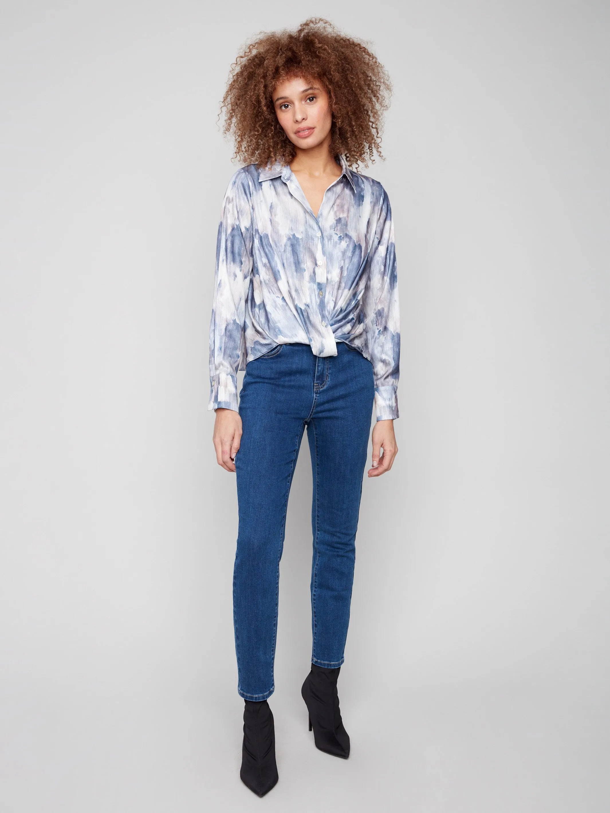 Printed Button-Down Shirt With Twisted Front - Pearly Timeless Blazer FlexibleCuff