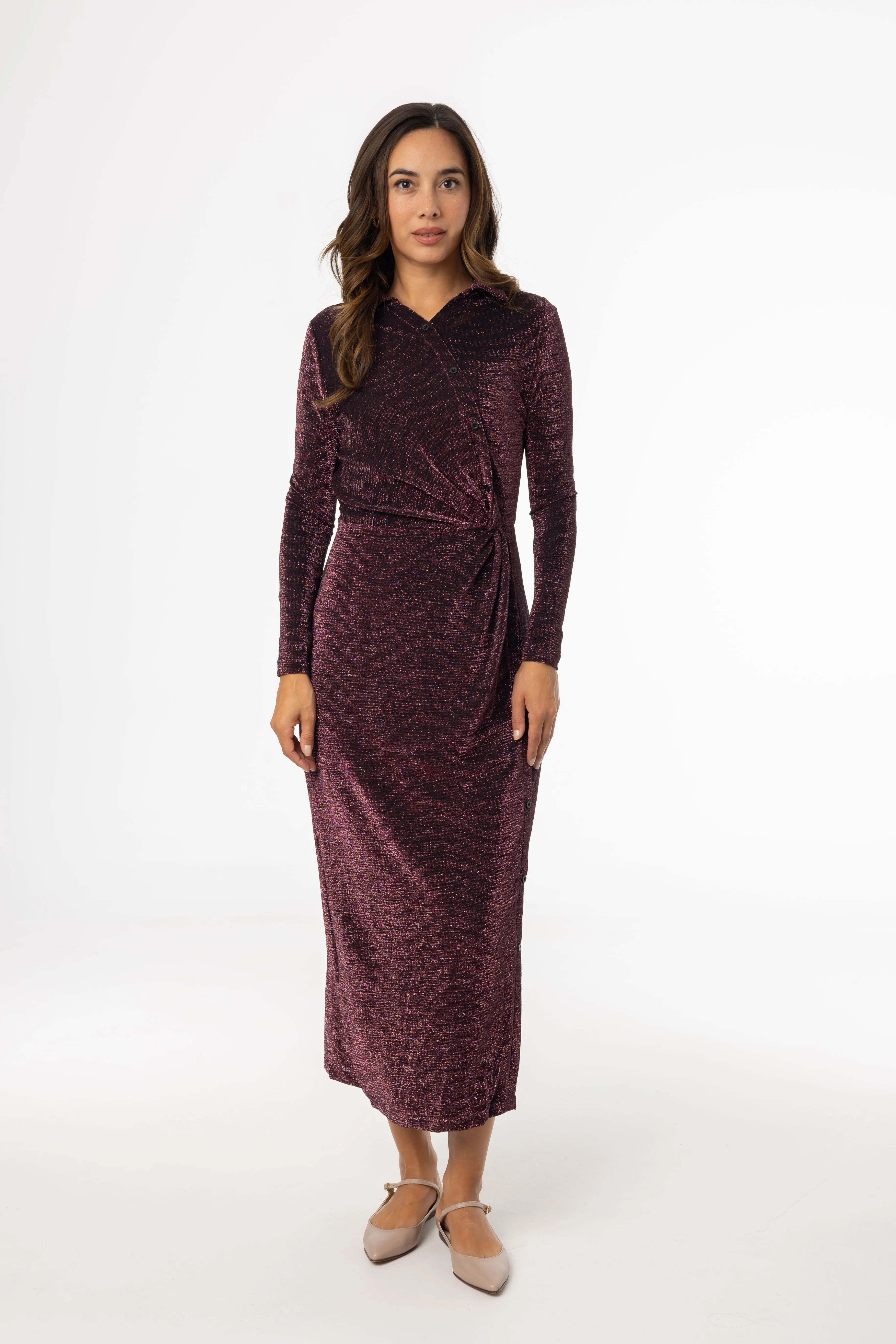Purple Sparkle Side Button Maxi Dress Cozy Cardigan ElasticWaistband
