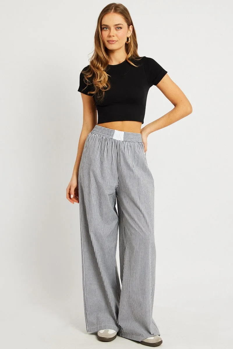 Grey Stripe Wide Leg Pants High Rise Fashionable Fit Essential Fit