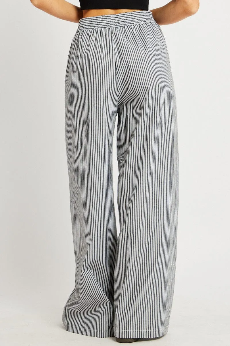 Casual Style Non Iron Technology Grey Stripe Wide Leg Pants High Rise