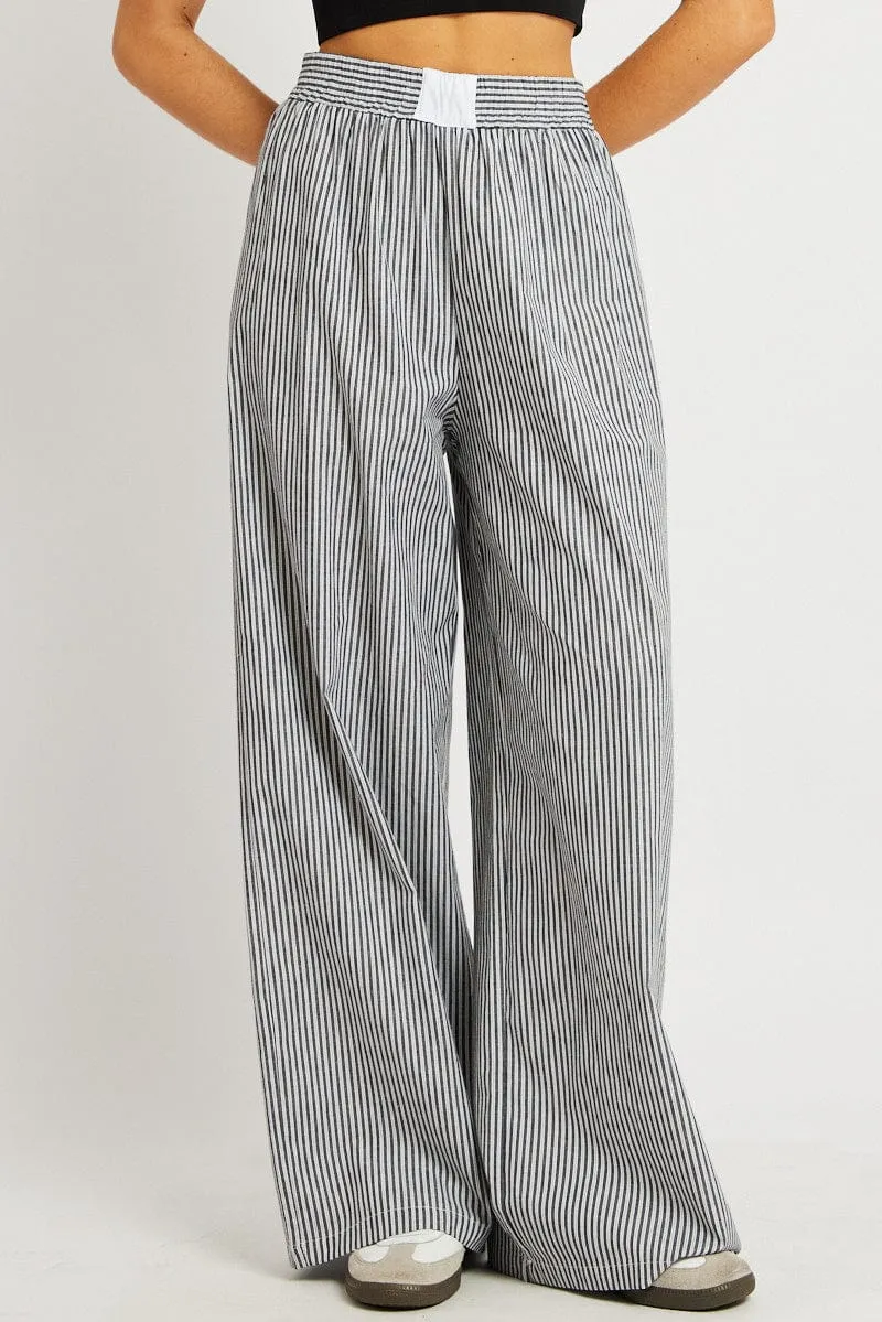 Grey Stripe Wide Leg Pants High Rise Stretchable Fashionable Comfort