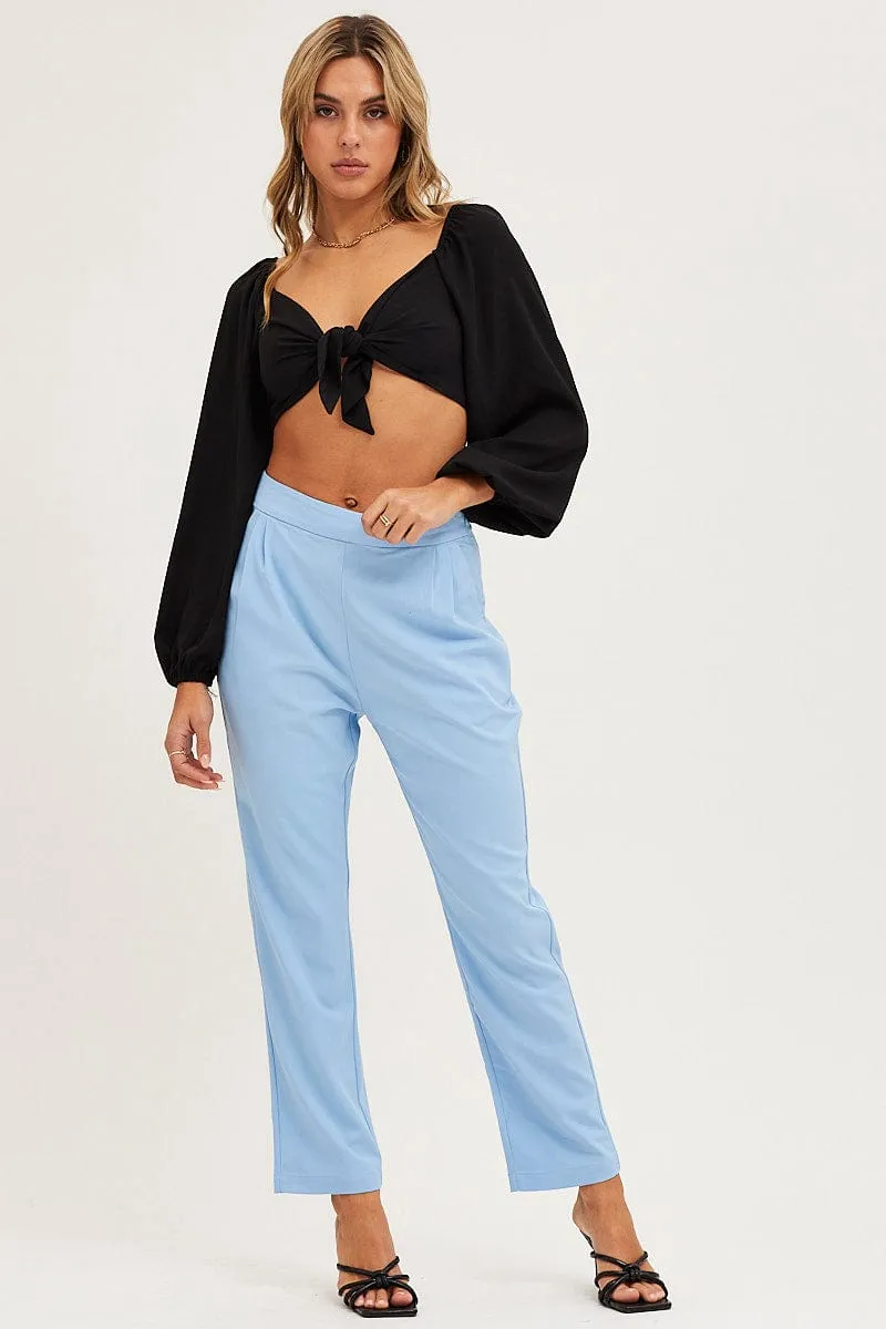 Blue Cropped Pants High Waist Workwear Practical Fit Wrinkle Free Fabric