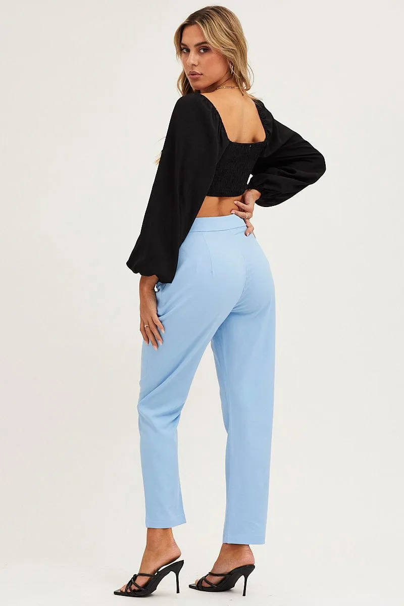 Blue Cropped Pants High Waist Workwear Breath Friendly Tagless Design