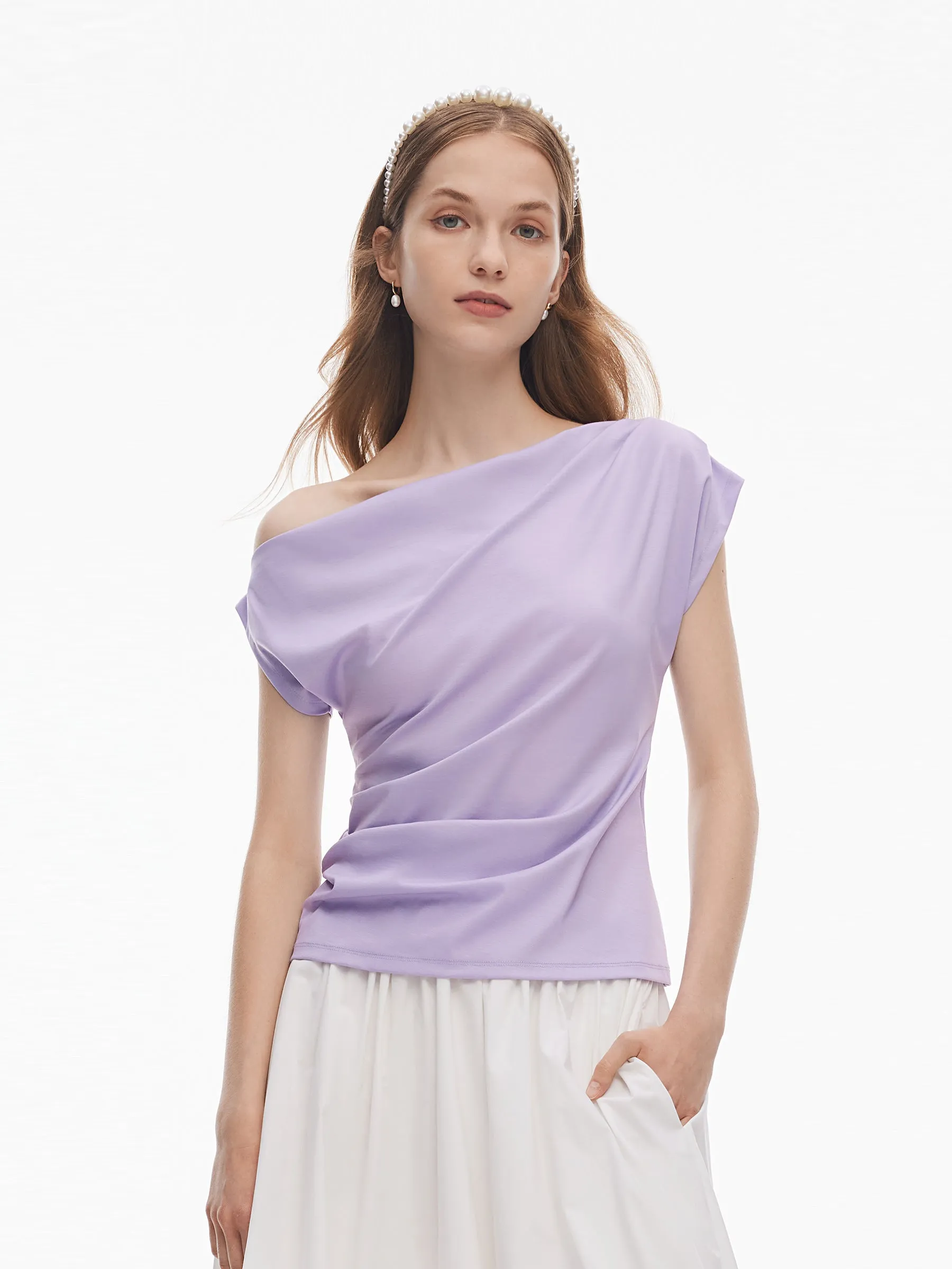 Tencel Blend Women Off Shoulder Women Ruched Top Breathable Essentials