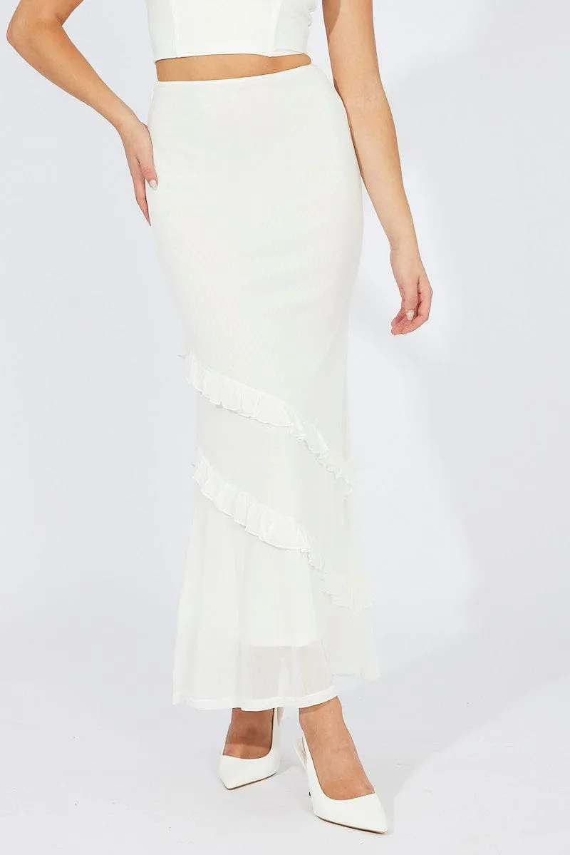 White Maxi Skirt Mesh Asymmetric Ruffle Fresh Texture Design Detail