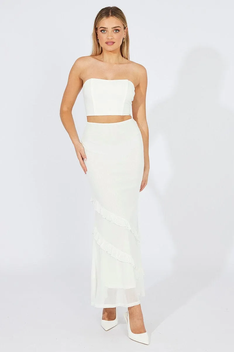 White Maxi Skirt Mesh Asymmetric Ruffle Day To Night Visual Outfit