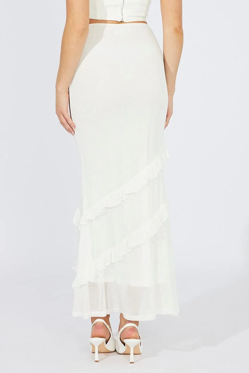 Lightweight Lining Bestseller Item White Maxi Skirt Mesh Asymmetric Ruffle