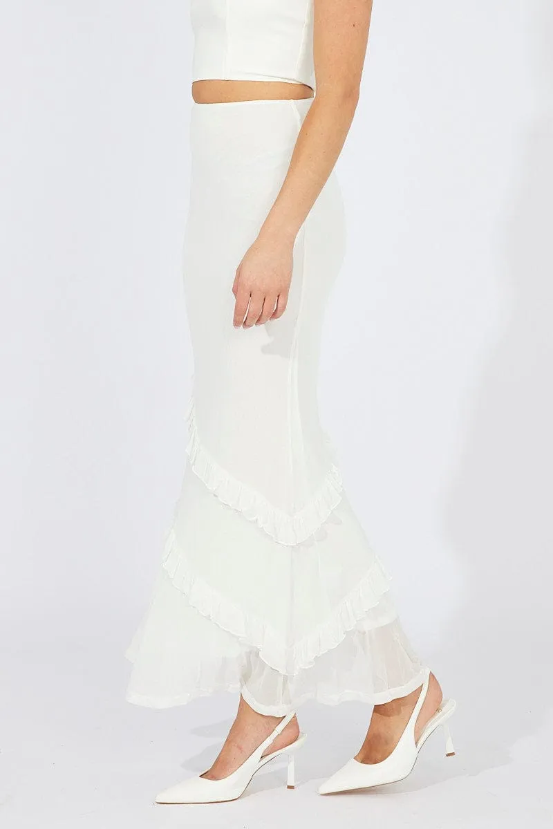 Tie Dye Style Heat Dissipating Fabric White Maxi Skirt Mesh Asymmetric Ruffle