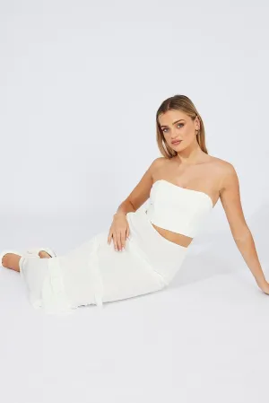 White Maxi Skirt Mesh Asymmetric Ruffle Midi length Geometric Print