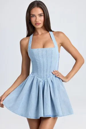 Loud Edge Halterneck Corset Micro Mini Dress in Light Blue Stonewash