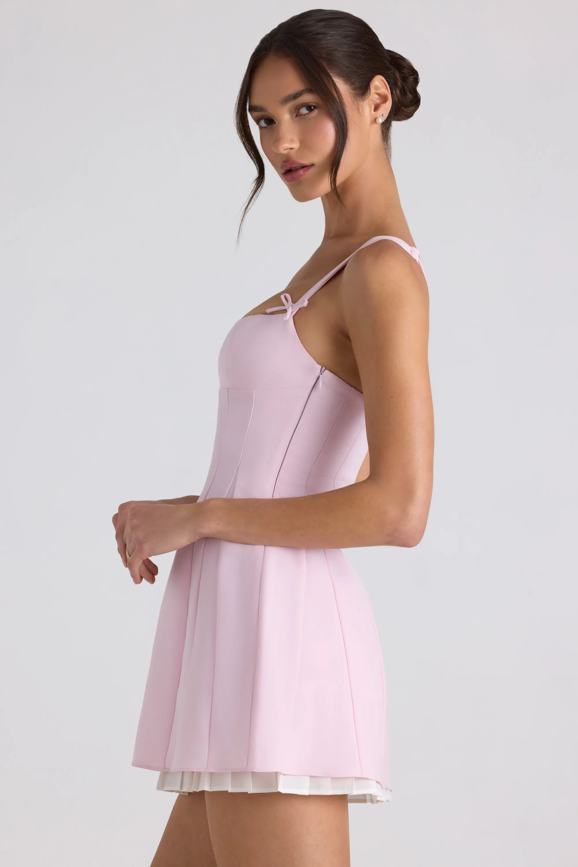 Bow-Detail Pleated A-Line Mini Dress in Soft Pink Wide Range Motion Trend Ride