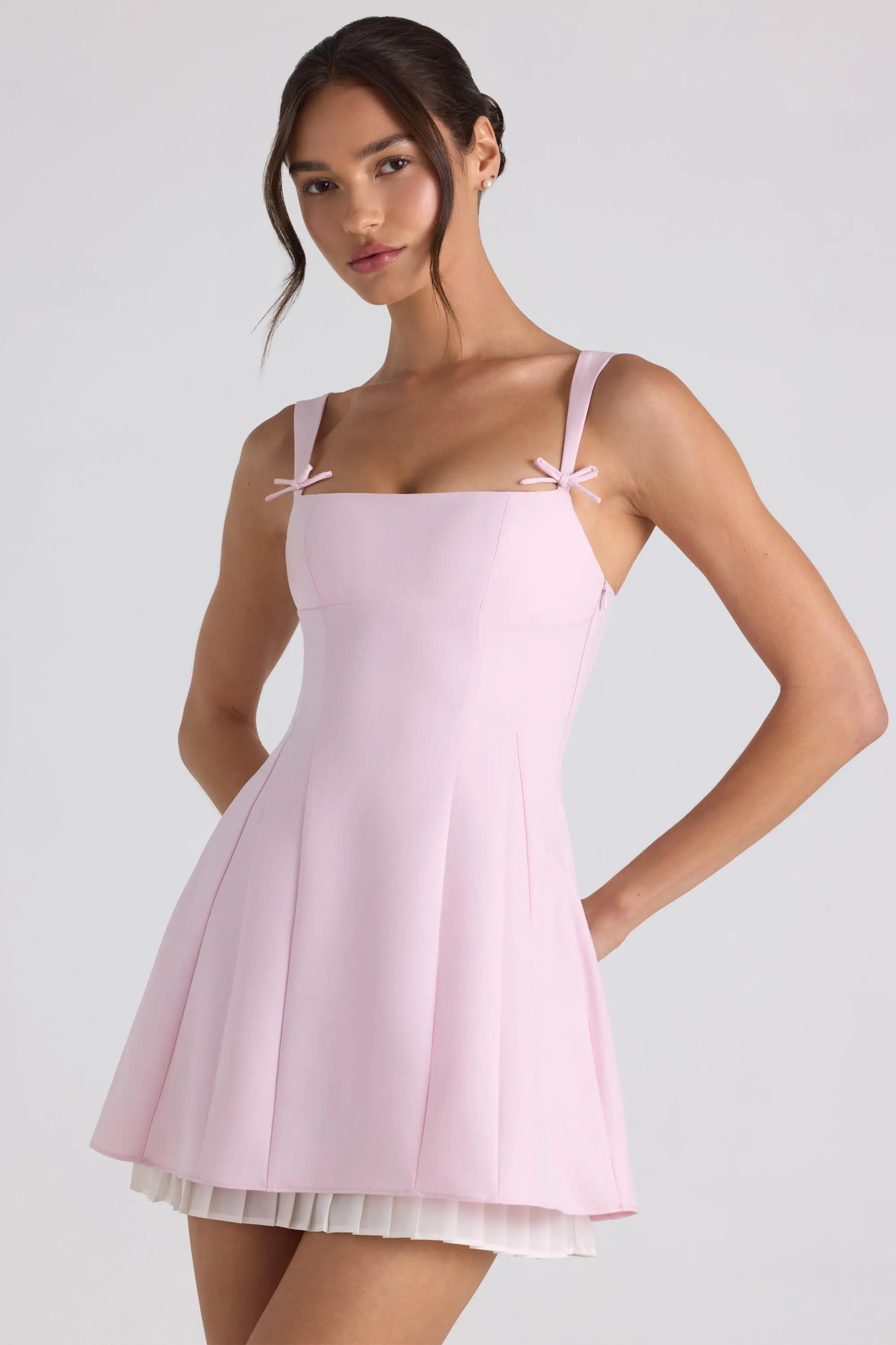 party mode Hot Style Bow-Detail Pleated A-Line Mini Dress in Soft Pink