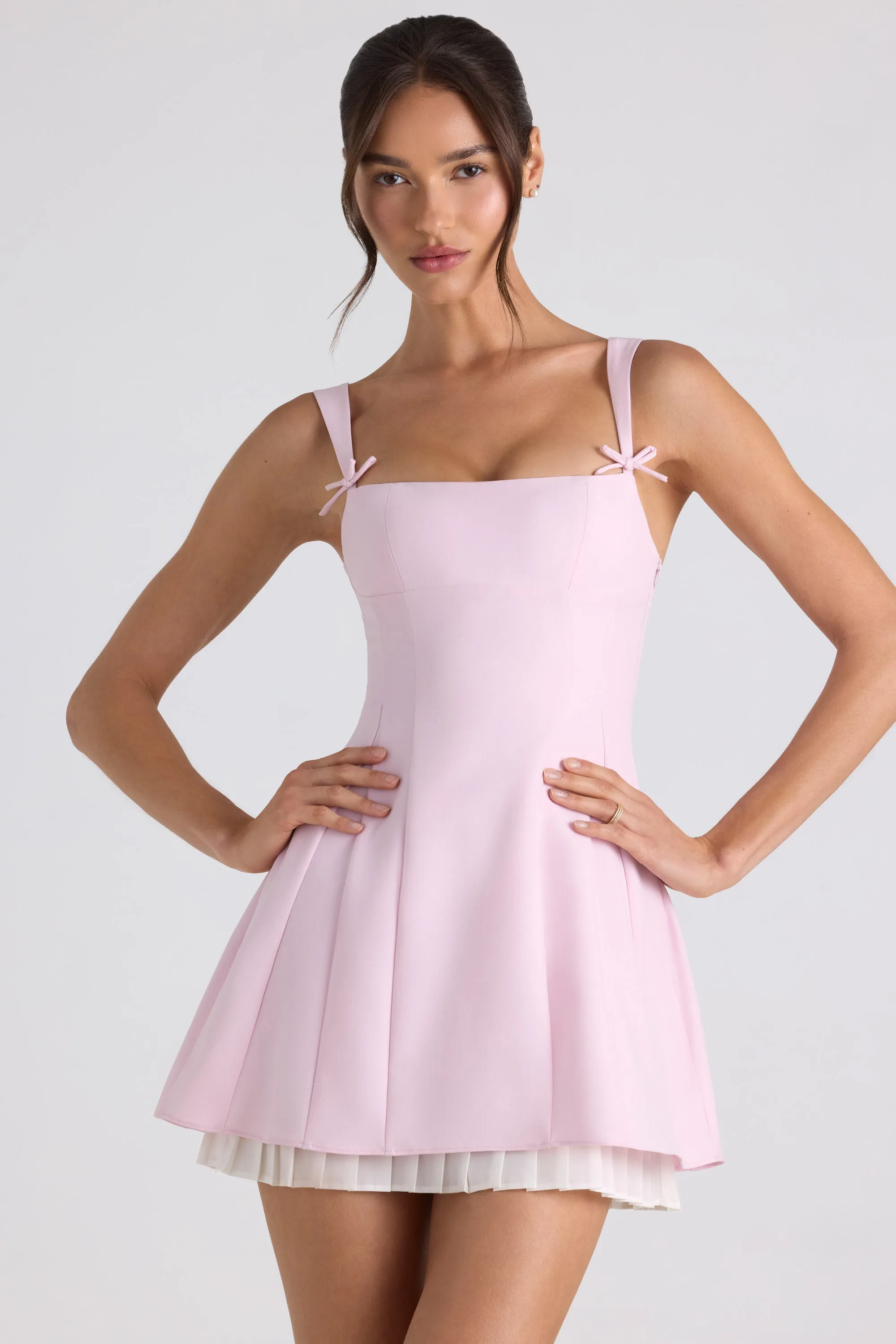 Vibrant color Wide Range Motion Bow-Detail Pleated A-Line Mini Dress in Soft Pink