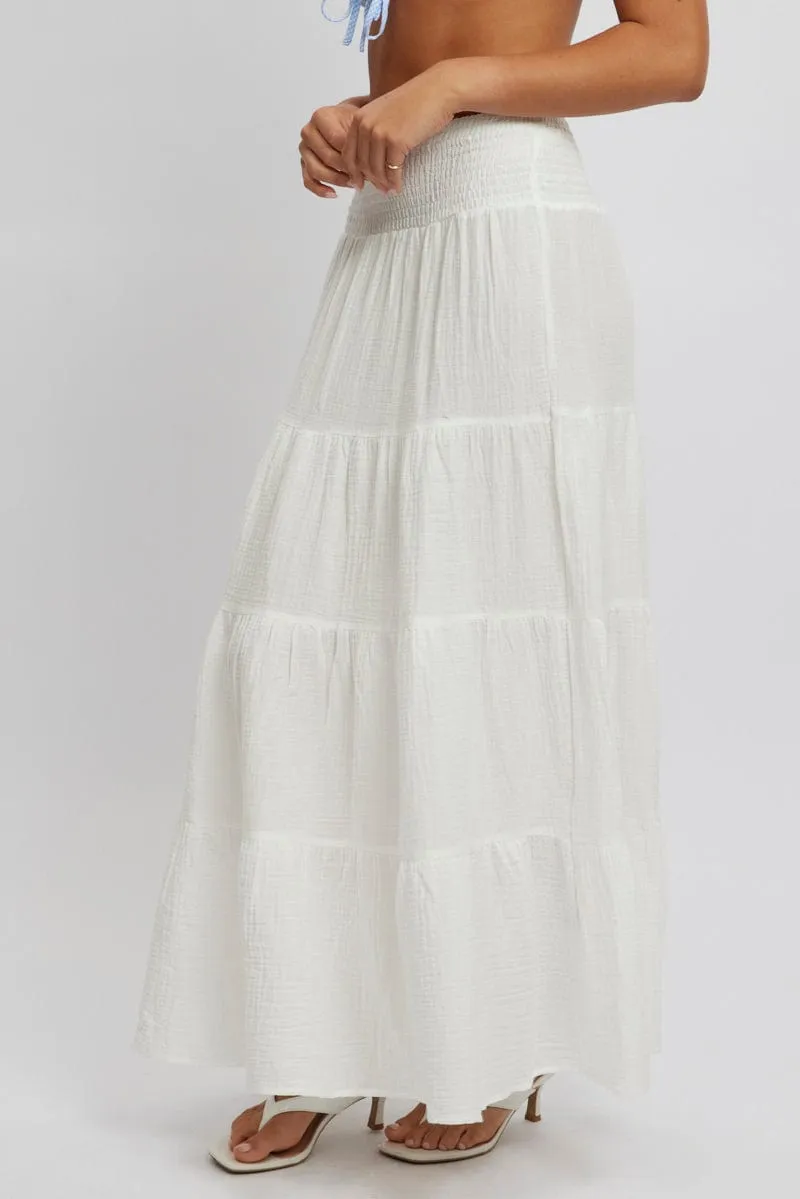 Easy Combo Urban Mood White Maxi Skirt Shirred Waist Tiered Relaxed Fit