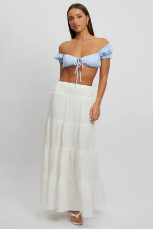 White Maxi Skirt Shirred Waist Tiered Relaxed Fit Signature Line Adjustable Hem