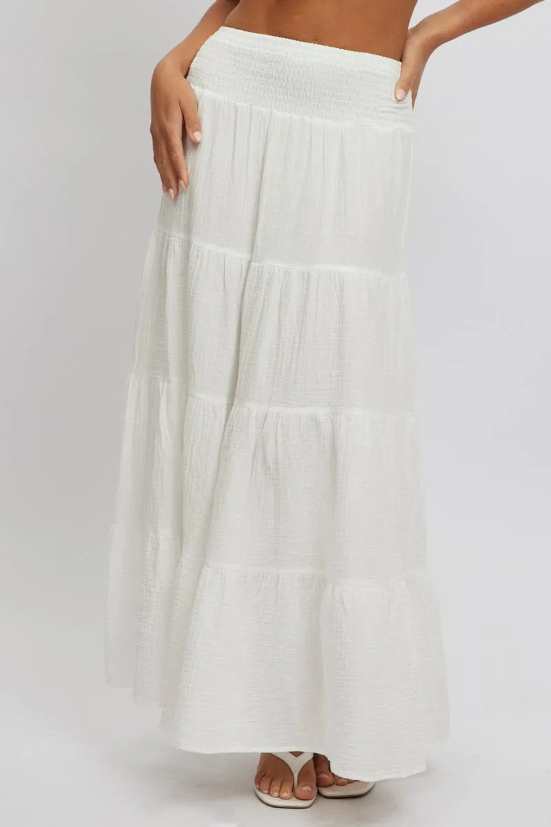 White Maxi Skirt Shirred Waist Tiered Relaxed Fit Warm Insulation Modern Look