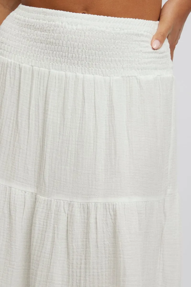 White Maxi Skirt Shirred Waist Tiered Relaxed Fit Mall Brand Look Evening Outing