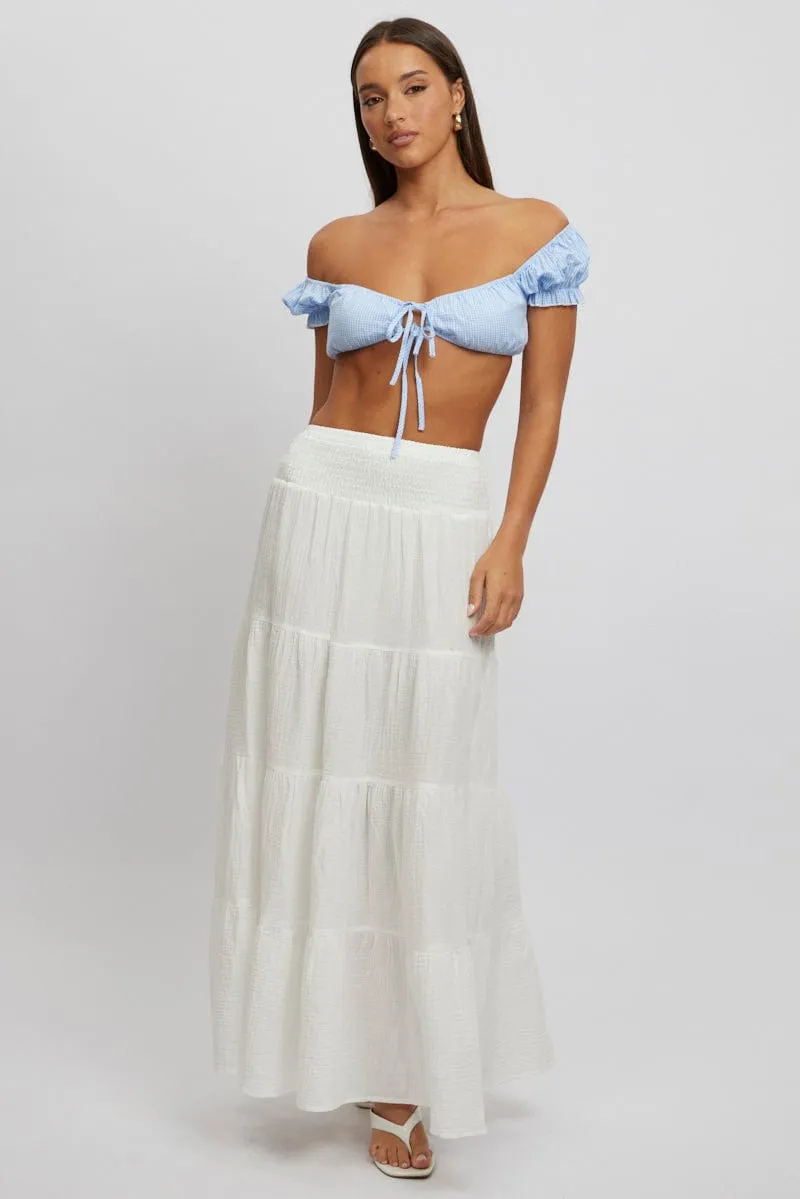 White Maxi Skirt Shirred Waist Tiered Relaxed Fit Signature Line Adjustable Hem