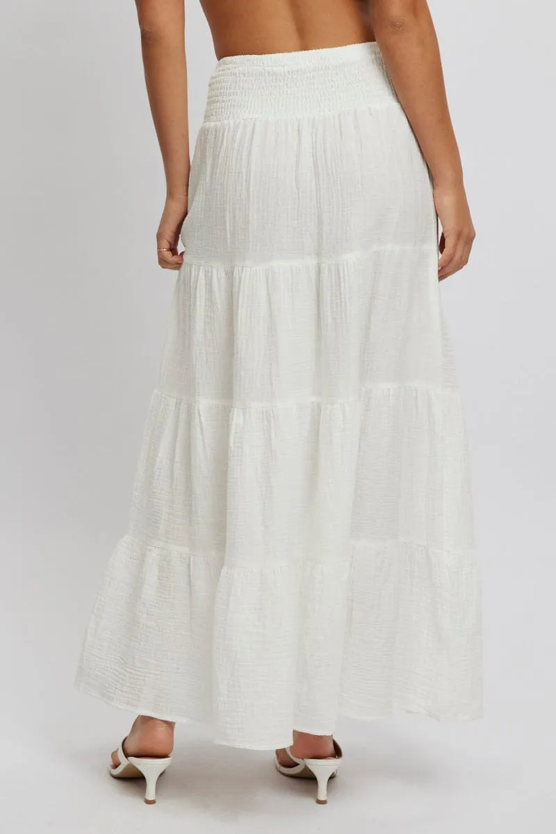 White Maxi Skirt Shirred Waist Tiered Relaxed Fit Weekend Style