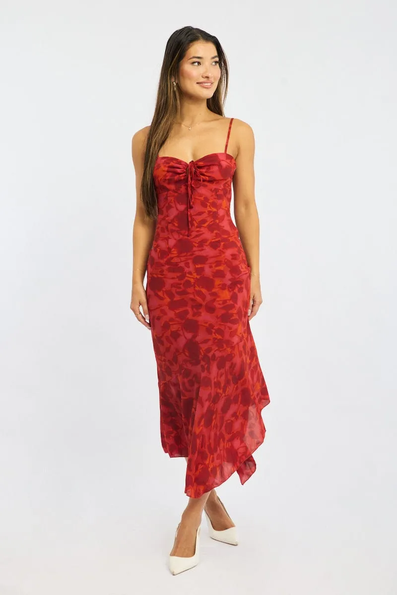 Red Floral Midi Dress Gathered Bust Strappy Comfy Elegance