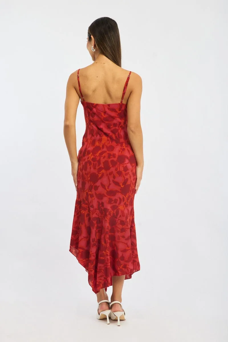 Red Floral Midi Dress Gathered Bust Strappy Fresh Air