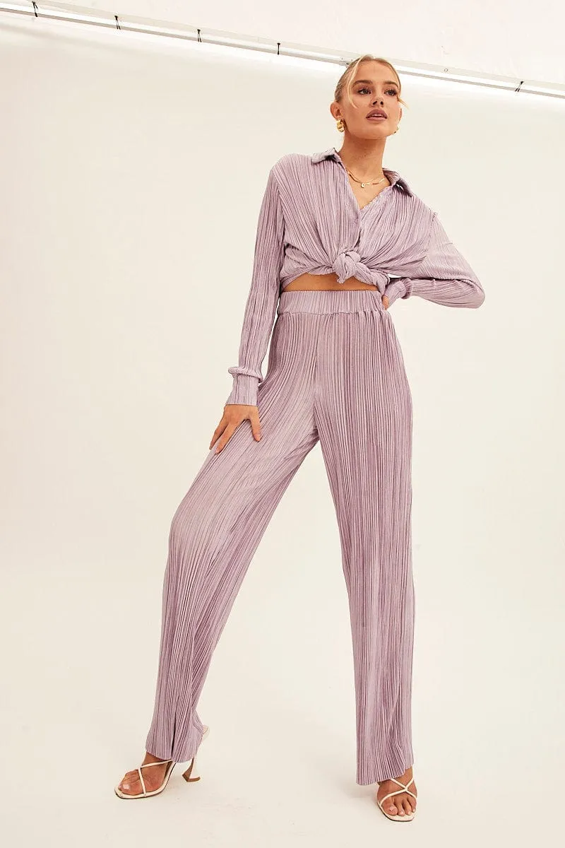 Purple Plisse Pants Wide Leg Relaxed Waist Simple Silhouette