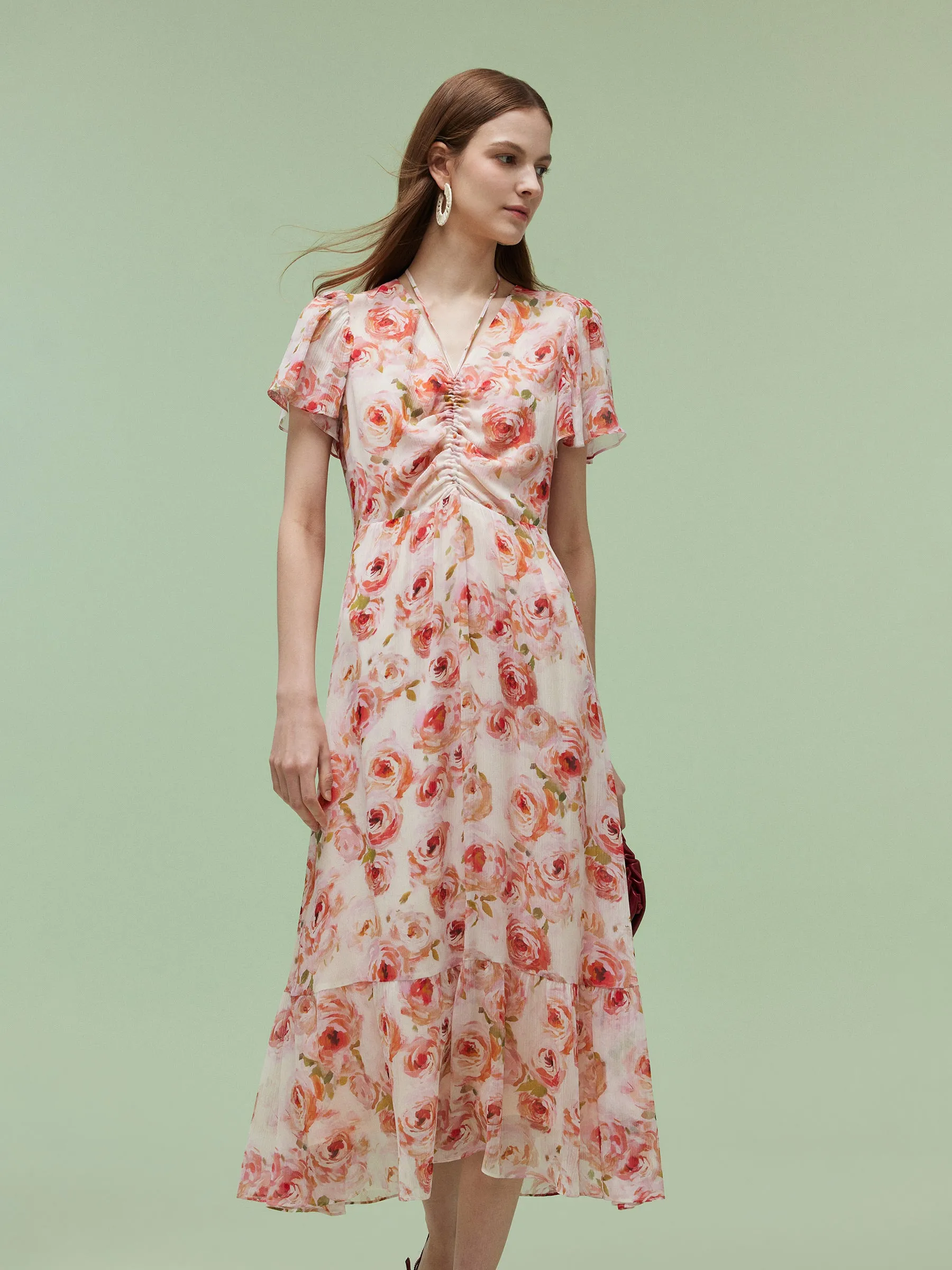 10MM Mulberry Silk Rose Print Smocked Drawstring Front Women Maxi Dress Adjustable Straps