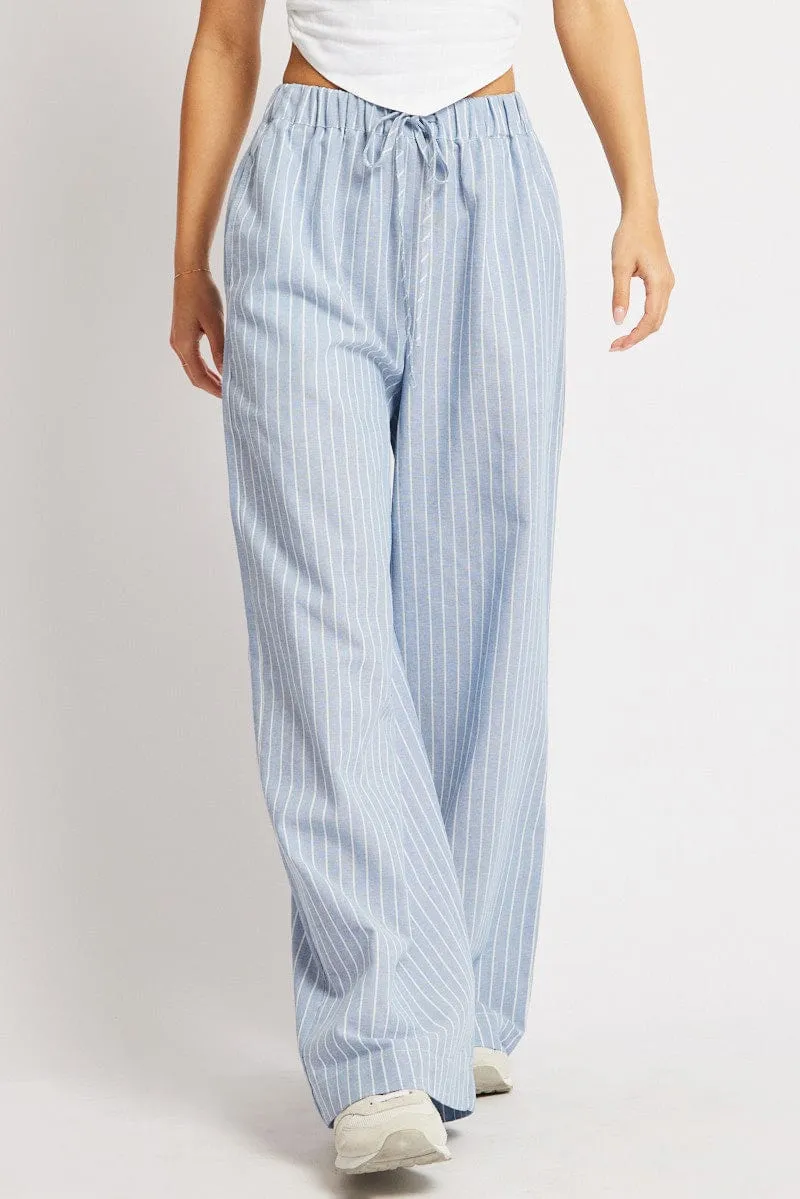 Blue Stripe Wide Leg Pants Mid Rise Durable Design Effortless Comfort