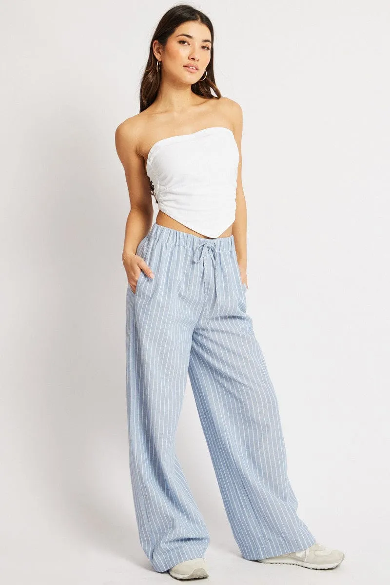 Blue Stripe Wide Leg Pants Mid Rise Durable Weave Outdoor Style