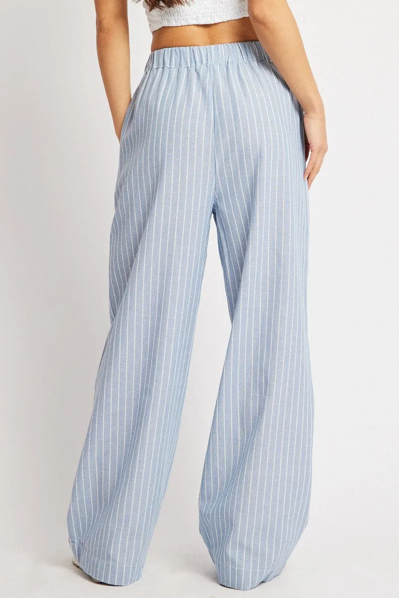 Blue Stripe Wide Leg Pants Mid Rise simple design