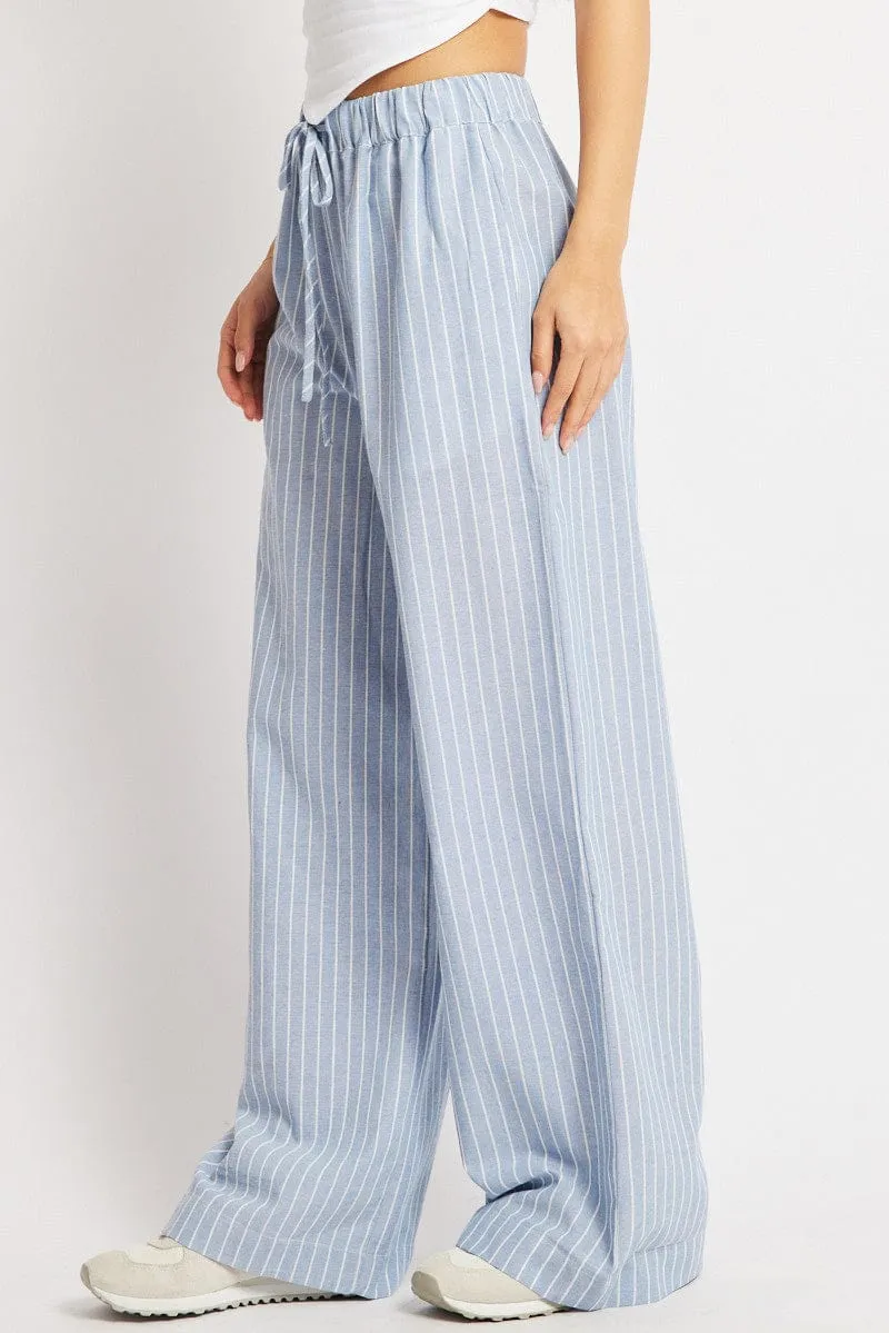 Blue Stripe Wide Leg Pants Mid Rise Urban Flex