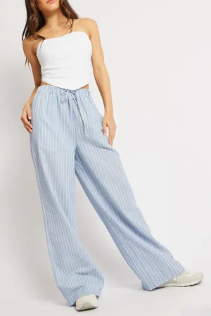 Blue Stripe Wide Leg Pants Mid Rise Decorative stitching
