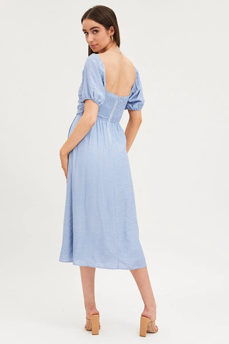 Blue Midi Dress Evening Square Neck Fog Lane Stone Touch