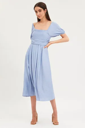 High impact Blue Midi Dress Evening Square Neck
