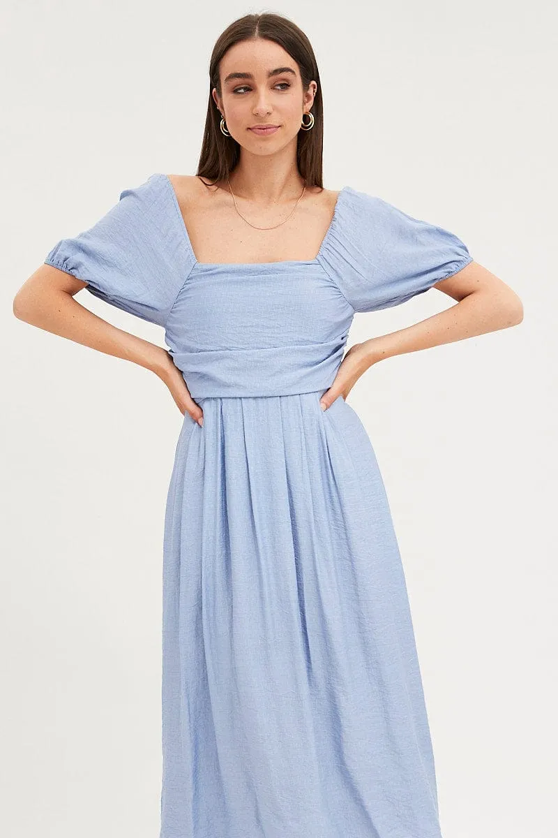 Effortless Comfort Blue Midi Dress Evening Square Neck