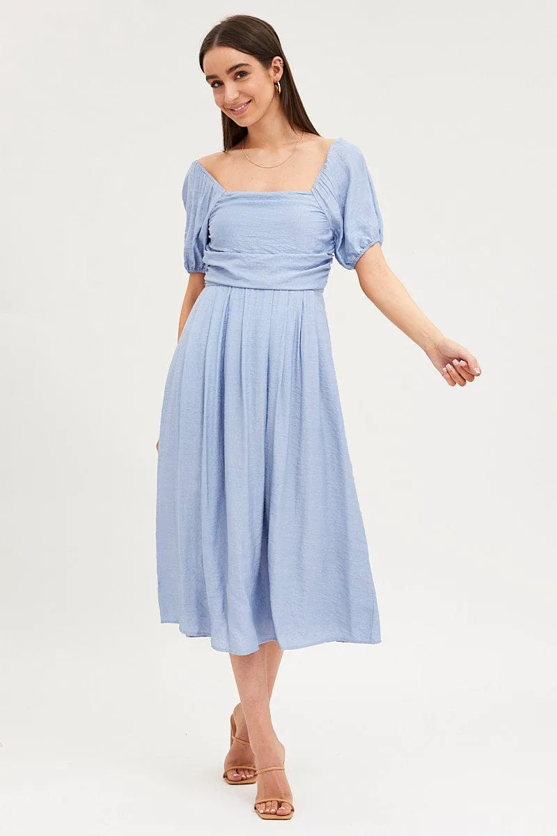 Blue Midi Dress Evening Square Neck Art Space Deep Shade