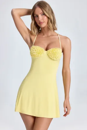 Light Reflective Halterneck Ruffle-Appliqu?? A-Line Mini Dress in Lemon Sherbet