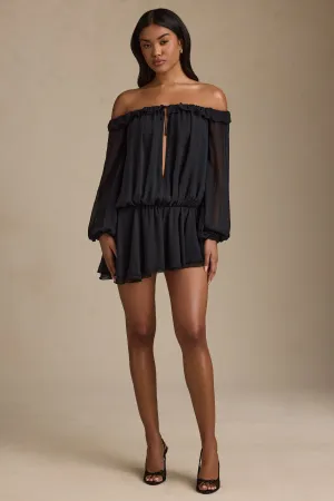 Off-Shoulder Asymmetric Balloon-Sleeve Mini Dress in Black Summer Ready