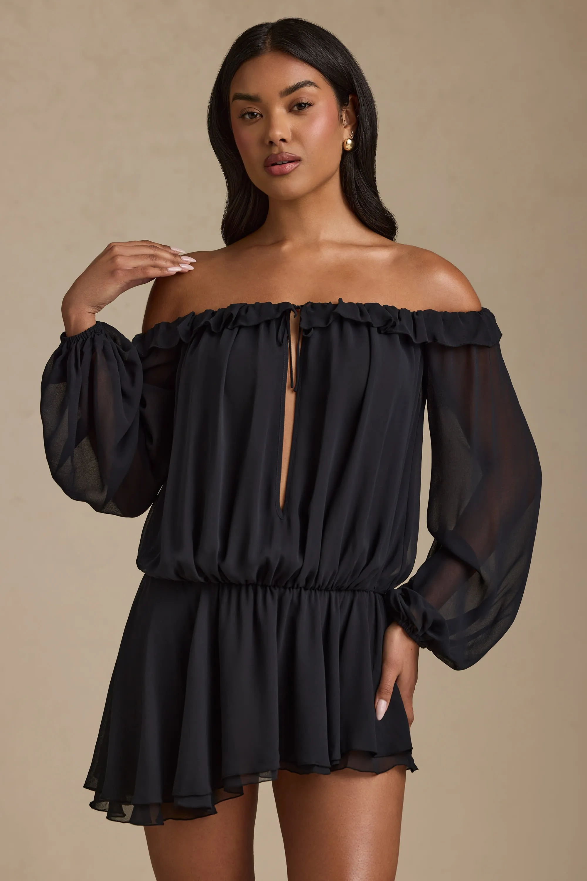 On Trend Off-Shoulder Asymmetric Balloon-Sleeve Mini Dress in Black