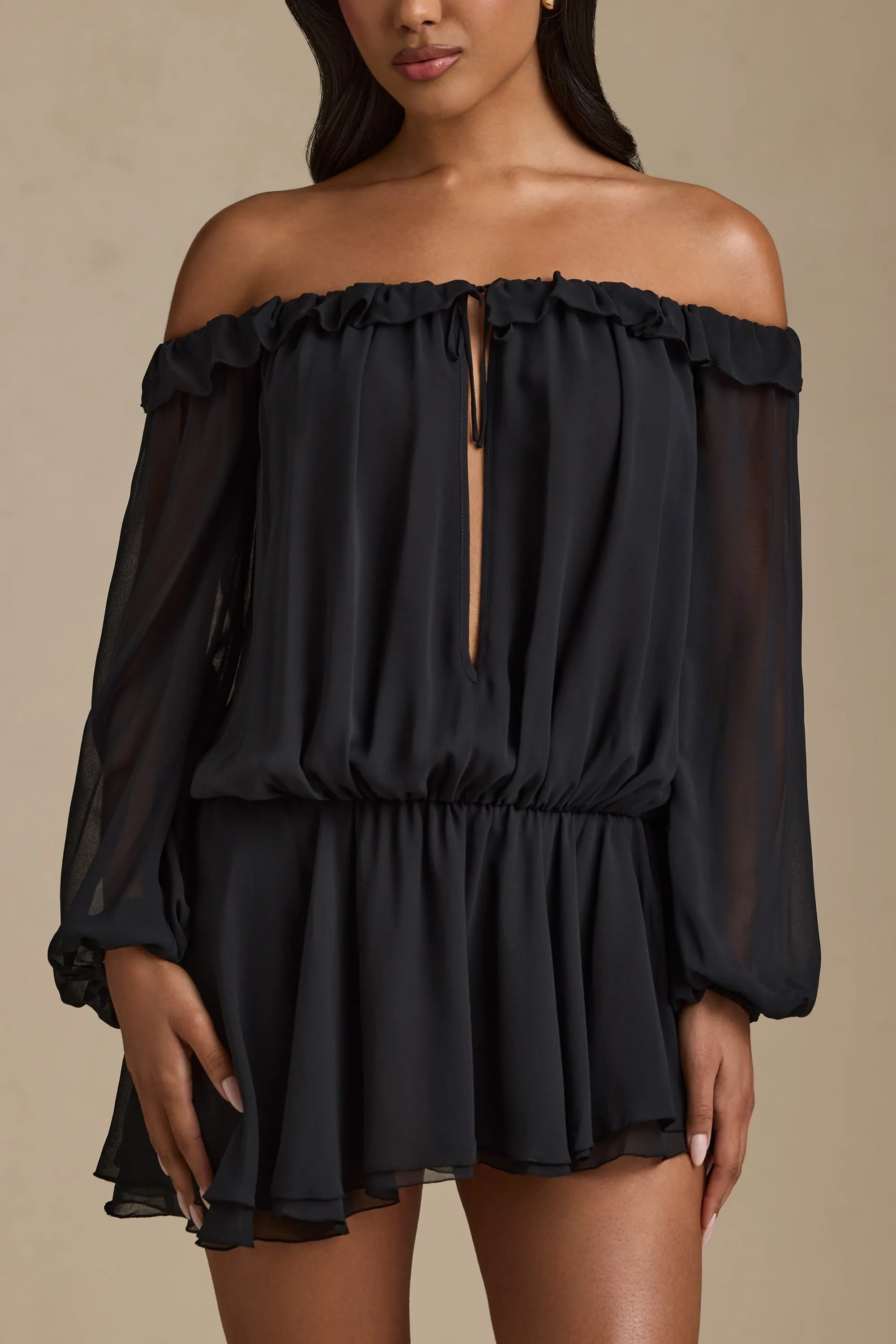 Glamorous touch Short playful dress for vacations Off-Shoulder Asymmetric Balloon-Sleeve Mini Dress in Black
