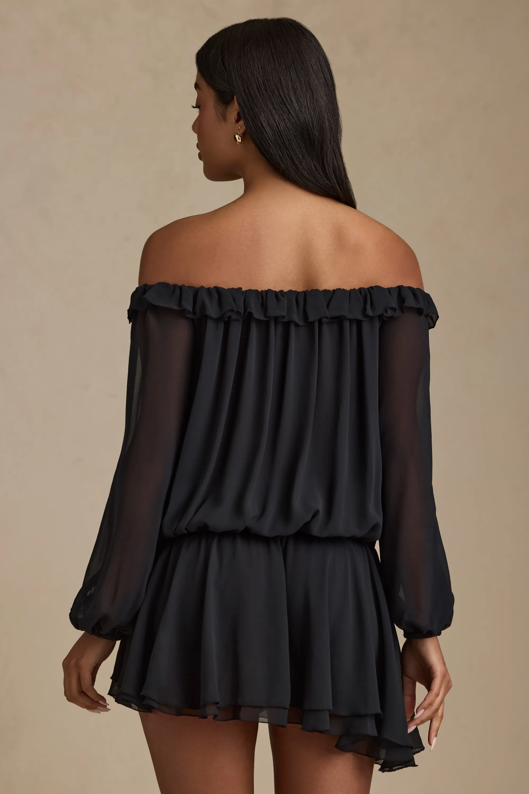 Off-Shoulder Asymmetric Balloon-Sleeve Mini Dress in Black Edge Mode Bold color mini