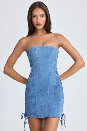 Quick Dry Technology Bandeau Lace-Up Mini Dress in Mid Blue Stonewash